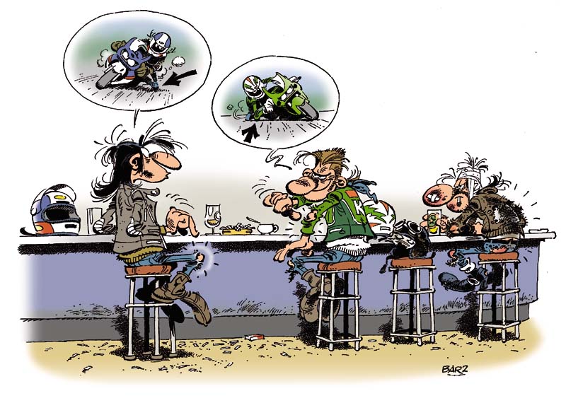 motociclisti animati seduti nel bancone di un bar 