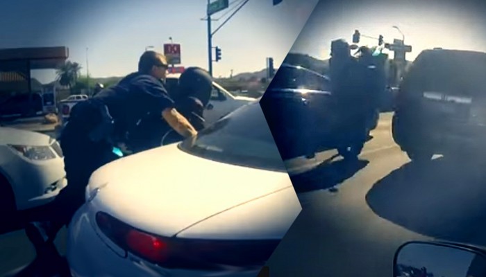 Policjant prbuje apa motocyklist w trakcie jazdy