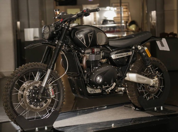 2 Triumph Scrambler 1200 XE action vehicle from No Time To Die on display at Bond In Motion in London LR