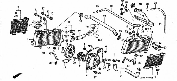 Schemat ukladu chlodzacego Honda VTR1000F z dwiema chlodnicami cieczy