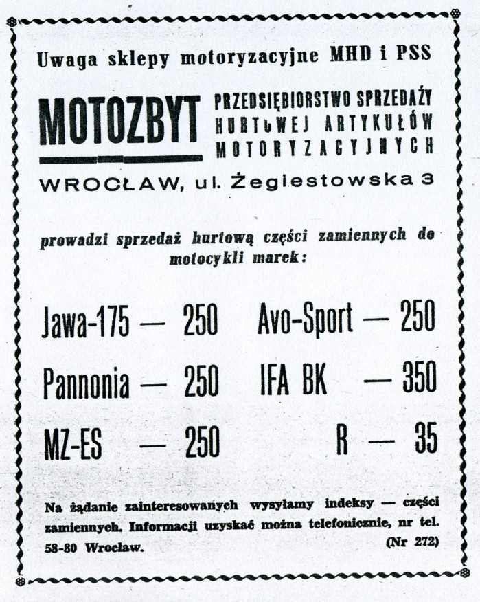 Ogloszenie zamieszczone w tygodniku Motor wiosna 1960