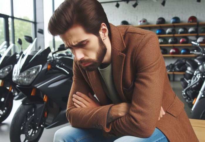 smutny facet w salonie motocyklowym