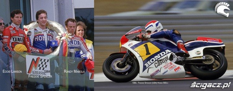 19) Freddie Spencer w akcji (Honda 500cc1984) i na podium n