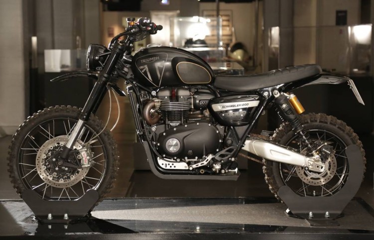 1 Triumph Scrambler 1200 XE action vehicle from No Time To Die on display at Bond In Motion in London LR