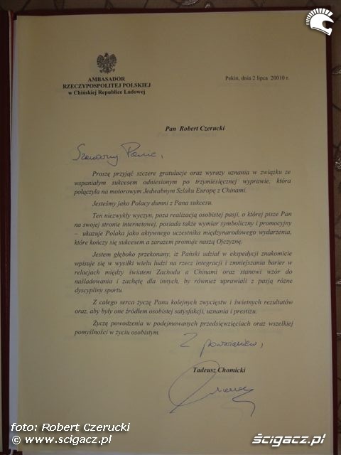 pismo od polskiego ambasadora w chinach wyprawy motocyklowe londyn-pekin